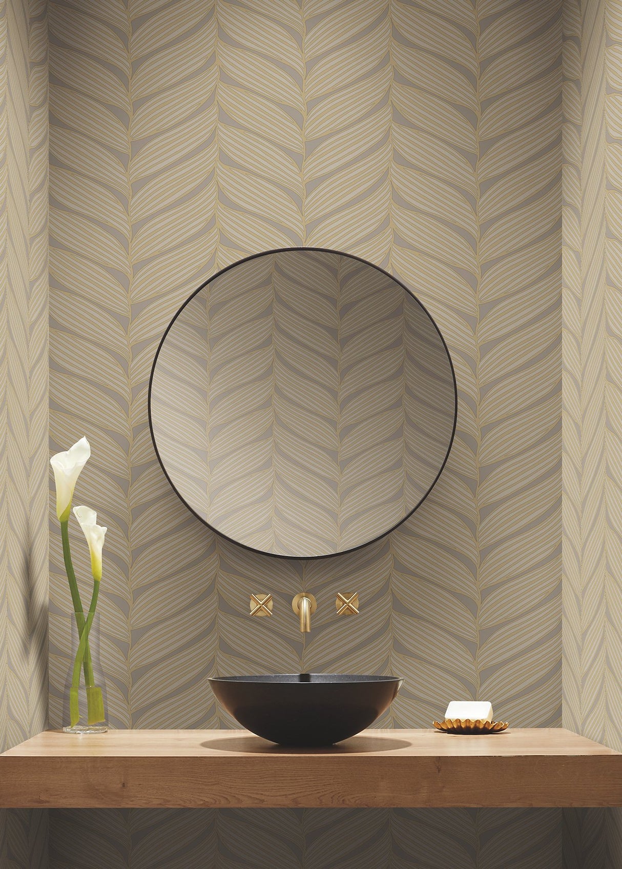 Luminous Leaves Grey & Gold Wallpaper with Metallic Tropical Leaf Motif - York MD7164