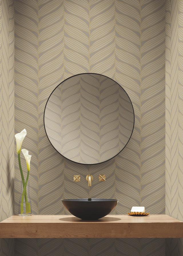Luminous Leaves Grey & Gold Wallpaper with Metallic Tropical Leaf Motif - York MD7164