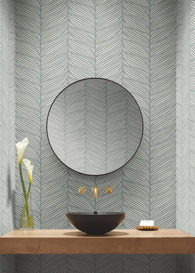 Luminous Leaves Spa & Silver Wallpaper with Metallic Tropical Palm Motif - York MD7165