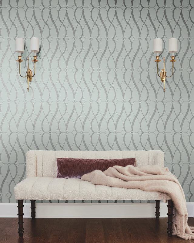 Graceful Geo Spa & Silver Wallpaper with Metallic Geometric Pattern - York MD7172