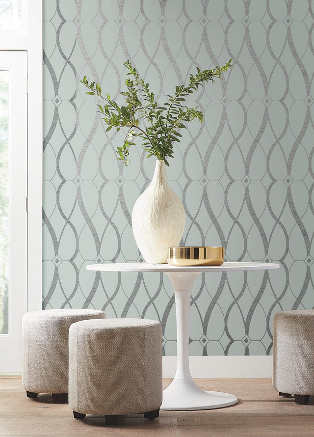 Graceful Geo Spa & Silver Wallpaper with Metallic Geometric Pattern - York MD7172