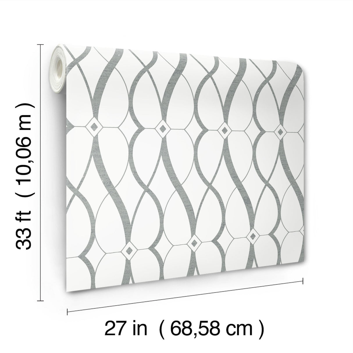 Graceful Geo White & Silver Wallpaper with Metallic Geometric Motif - York MD7173