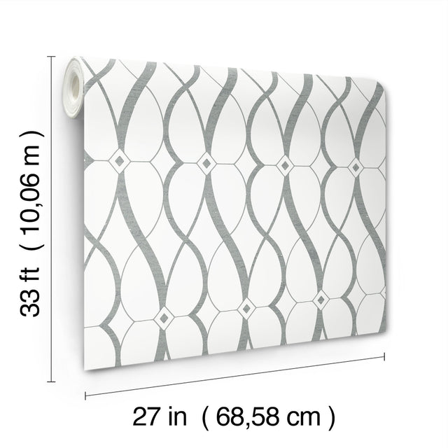 Graceful Geo White & Silver Wallpaper with Metallic Geometric Motif - York MD7173