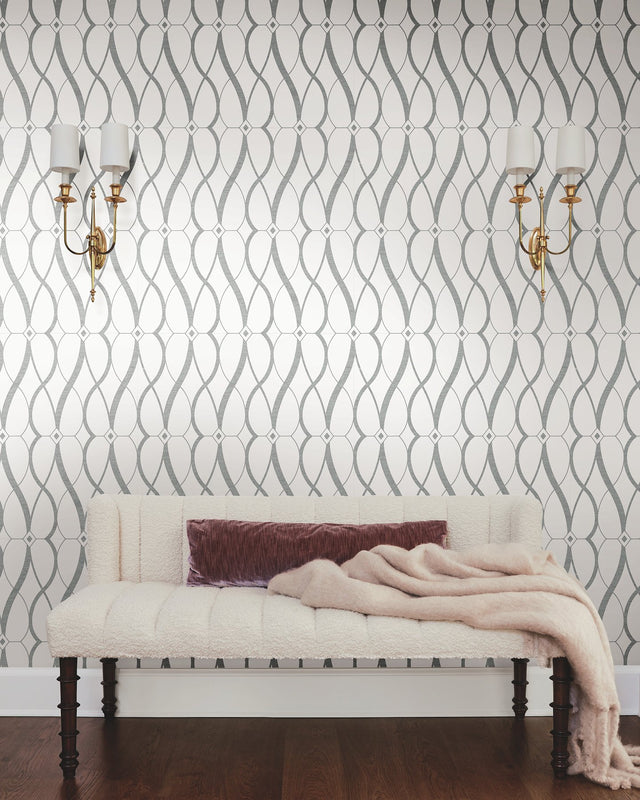 Graceful Geo White & Silver Wallpaper with Metallic Geometric Motif - York MD7173