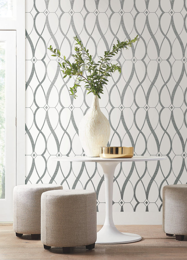 Graceful Geo White & Silver Wallpaper with Metallic Geometric Motif - York MD7173