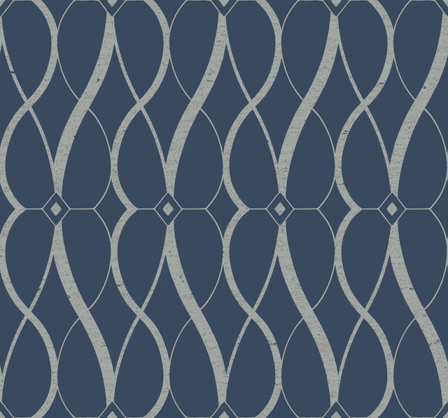 Graceful Geo Navy & Silver Wallpaper with Metallic Geometric Motif - York MD7174