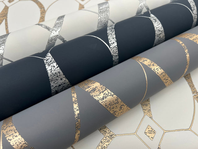 Graceful Geo Navy & Silver Wallpaper with Metallic Geometric Motif - York MD7174
