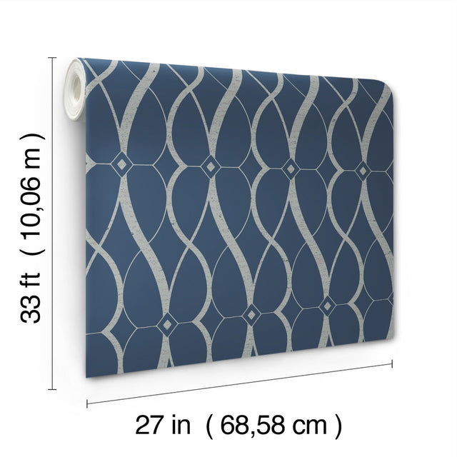 Graceful Geo Navy & Silver Wallpaper with Metallic Geometric Motif - York MD7174