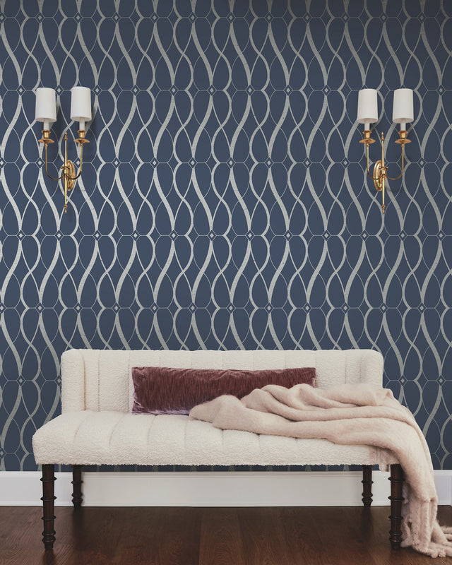 Graceful Geo Navy & Silver Wallpaper with Metallic Geometric Motif - York MD7174