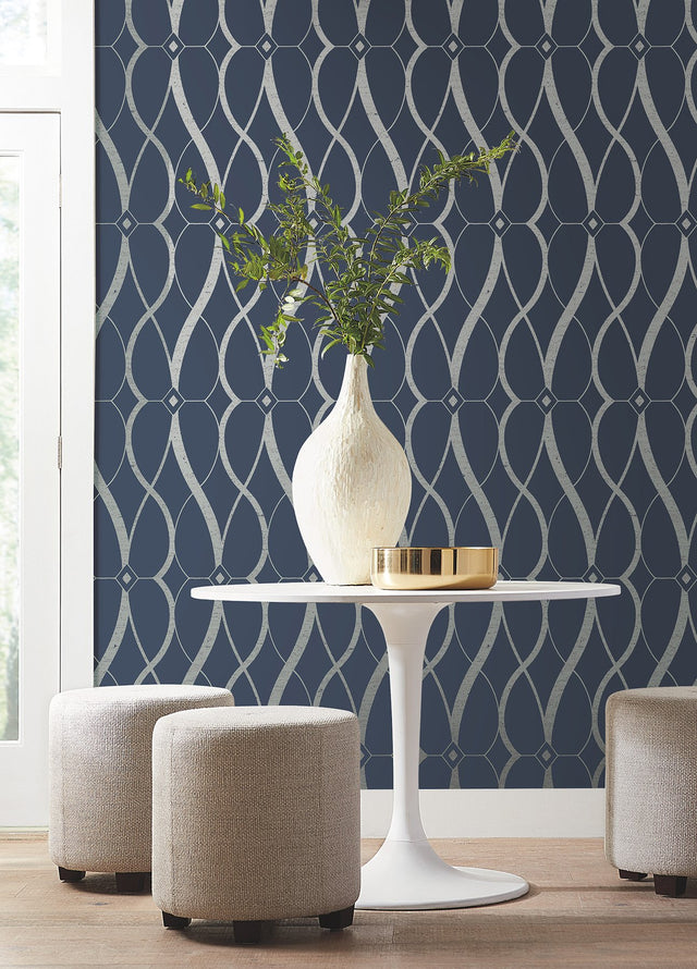 Graceful Geo Navy & Silver Wallpaper with Metallic Geometric Motif - York MD7174