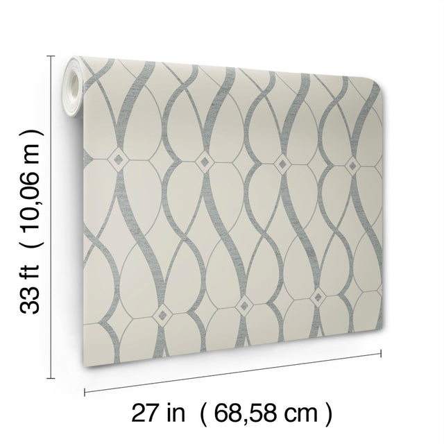 Graceful Geo Beige & Silver Wallpaper with Metallic Geometric Pattern - York MD7175