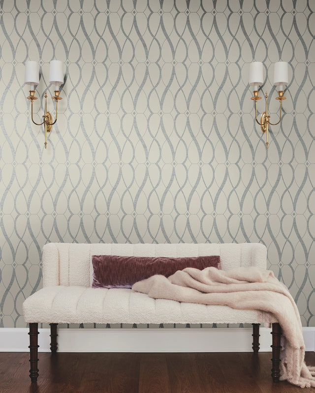 Graceful Geo Beige & Silver Wallpaper with Metallic Geometric Pattern - York MD7175