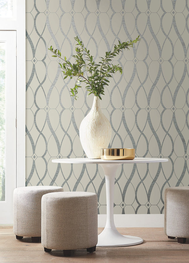 Graceful Geo Beige & Silver Wallpaper with Metallic Geometric Pattern - York MD7175