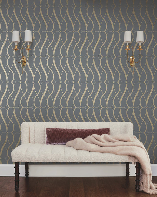 Graceful Geo Smoke & Gold Geometric Wallpaper with Metallic Finish - York MD7176