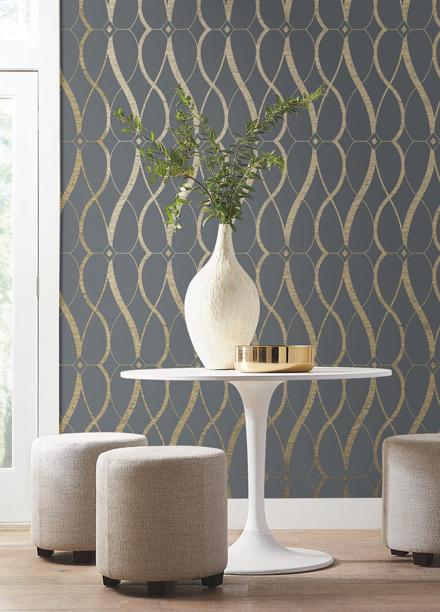 Graceful Geo Smoke & Gold Geometric Wallpaper with Metallic Finish - York MD7176