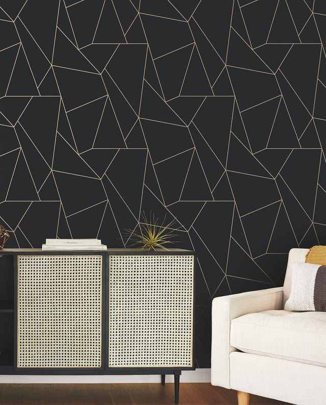 Nazca Black & Gold Wallpaper with Metallic Geometric Lines - Antonina Vella MD7181