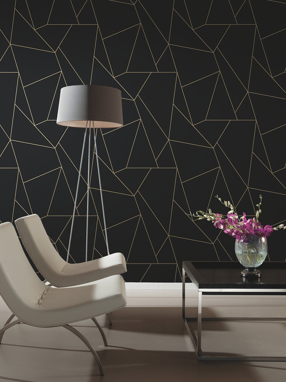 Nazca Black & Gold Wallpaper with Metallic Geometric Lines - Antonina Vella MD7181