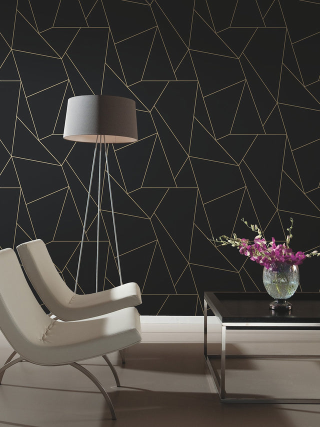 Nazca Black & Gold Wallpaper with Metallic Geometric Lines - Antonina Vella MD7181