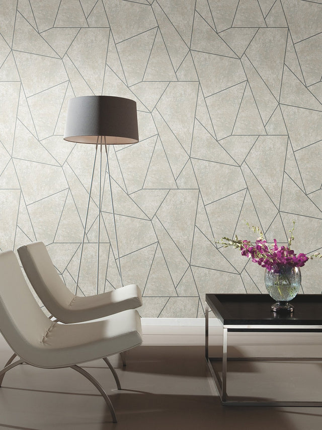Nazca Neutral & Silver Geometric Metallic Wallpaper - York MD7183
