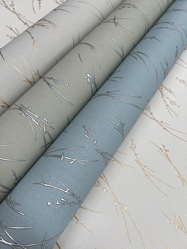 Sprigs Light Grey & Gold Botanical Metallic Non Woven Wallpaper - York MD7191
