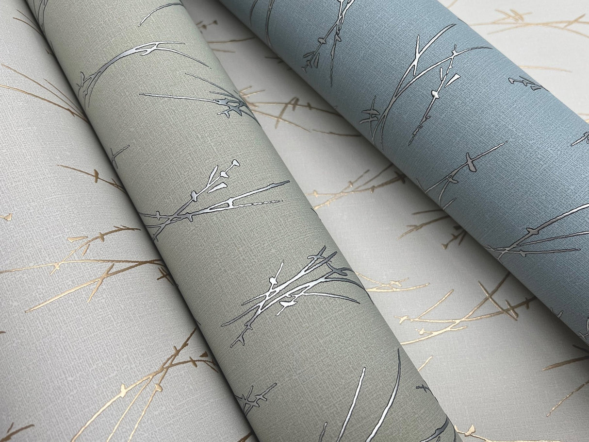 Sprigs Smokey Blue & Silver Wallpaper with Metallic Botanical Sprigs - York MD7193
