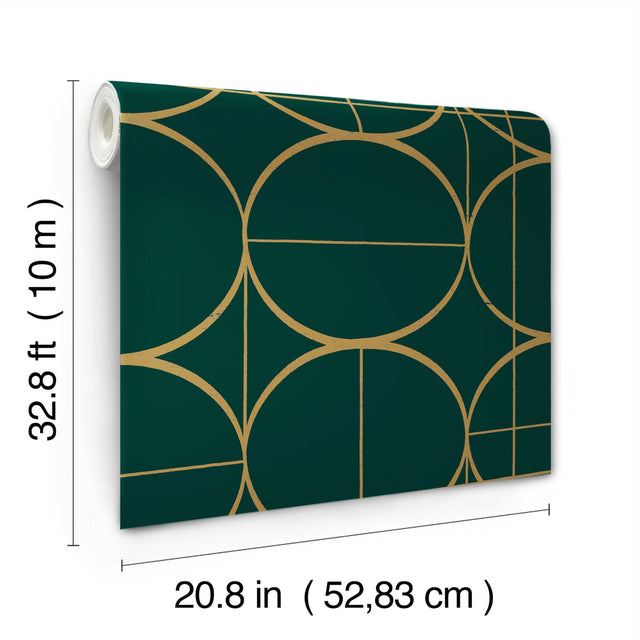 Sun Circles Emerald & Gold Geometric Metallic Non Woven Wallpaper - York MD7203