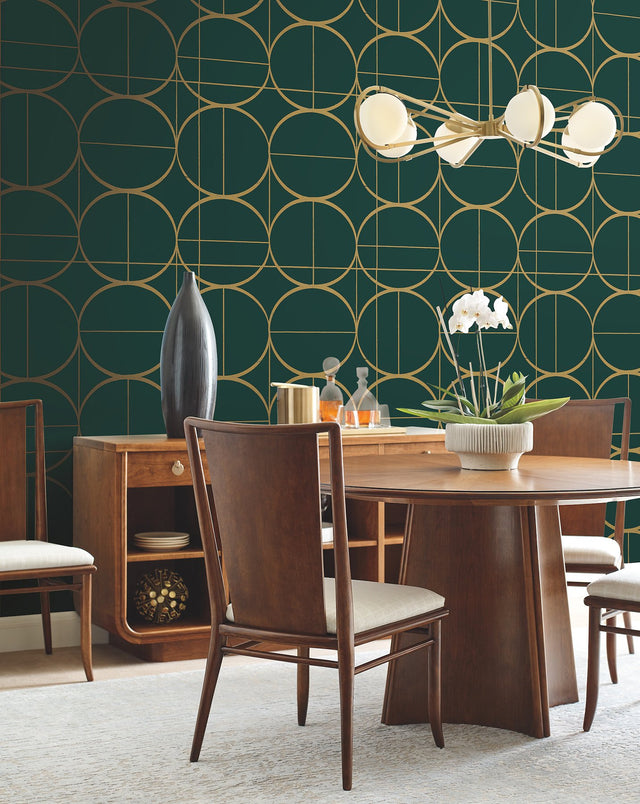 Sun Circles Emerald & Gold Geometric Metallic Non Woven Wallpaper - York MD7203