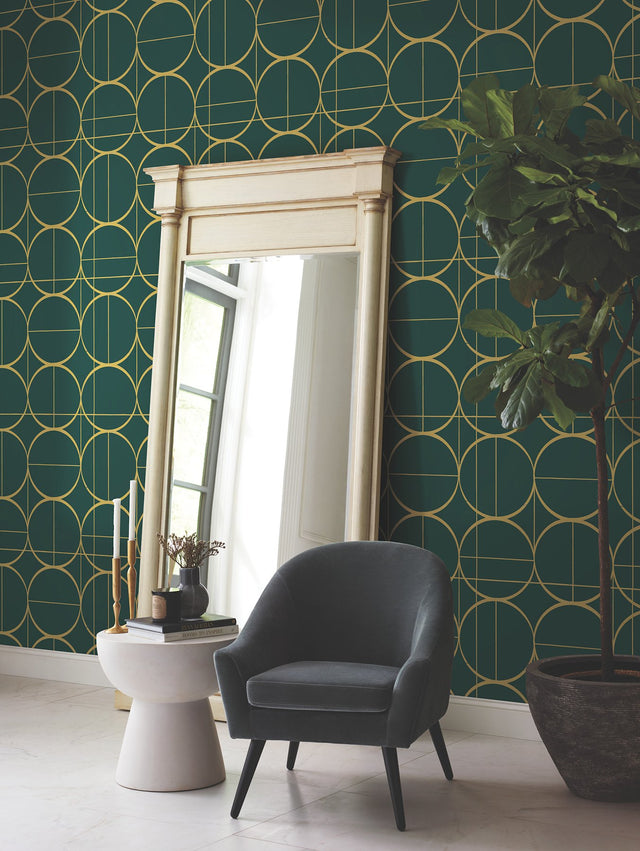 Sun Circles Emerald & Gold Geometric Metallic Non Woven Wallpaper - York MD7203