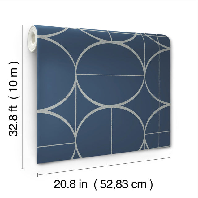 Sun Circles Blue & Silver Geometric Metallic Wallpaper - York MD7204
