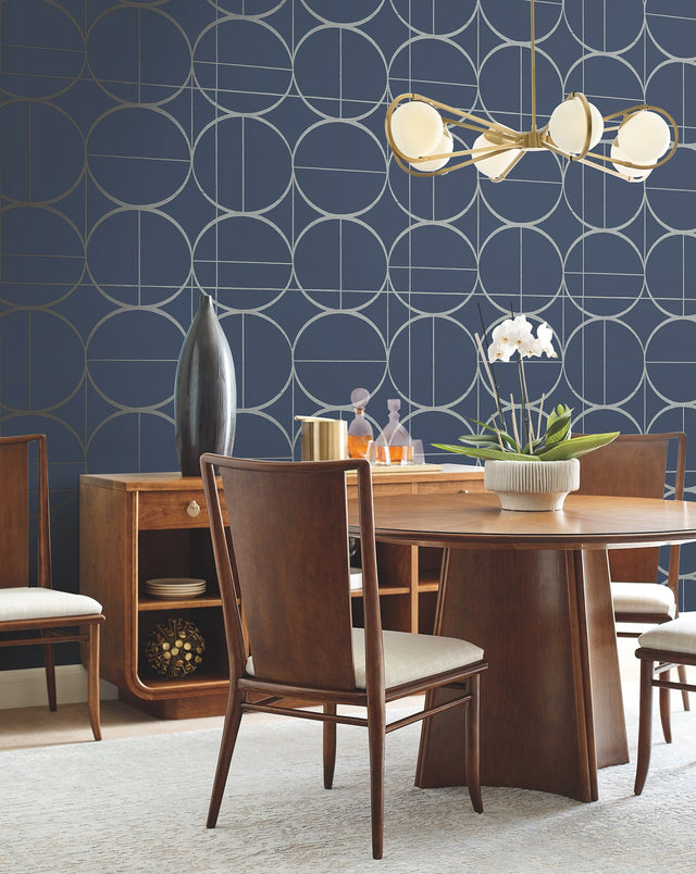 Sun Circles Blue & Silver Geometric Metallic Wallpaper - York MD7204