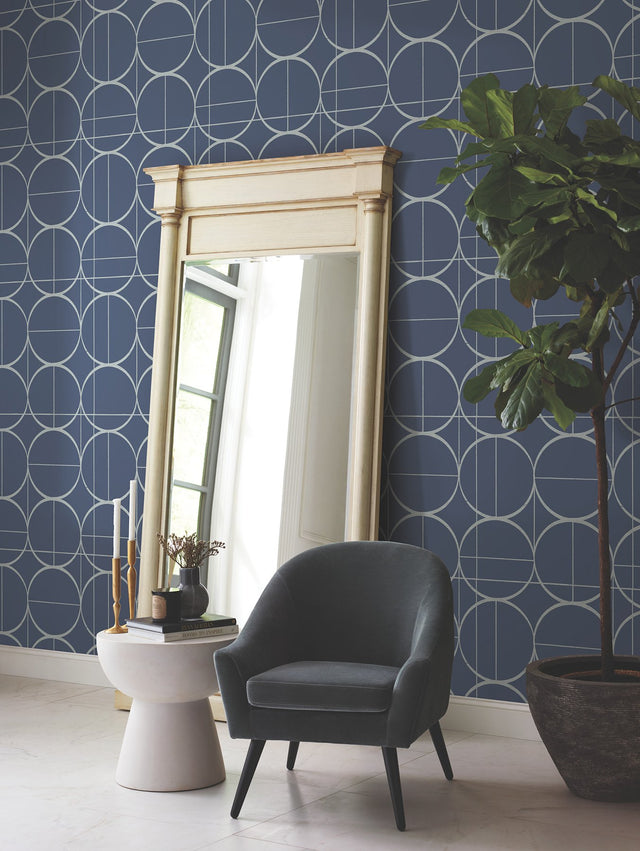Sun Circles Blue & Silver Geometric Metallic Wallpaper - York MD7204