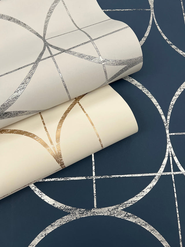 Sun Circles Fog & Silver Geometric Metallic Non Woven Wallpaper - York MD7205