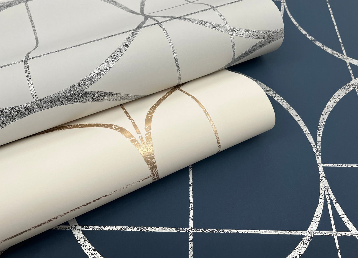 Sun Circles Fog & Silver Geometric Metallic Non Woven Wallpaper - York MD7205