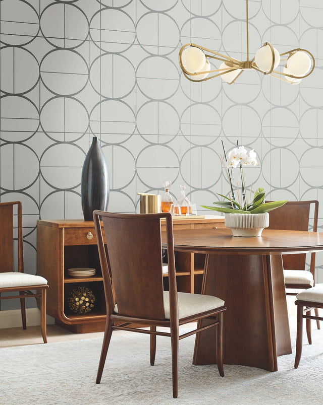 Sun Circles Fog & Silver Geometric Metallic Non Woven Wallpaper - York MD7205