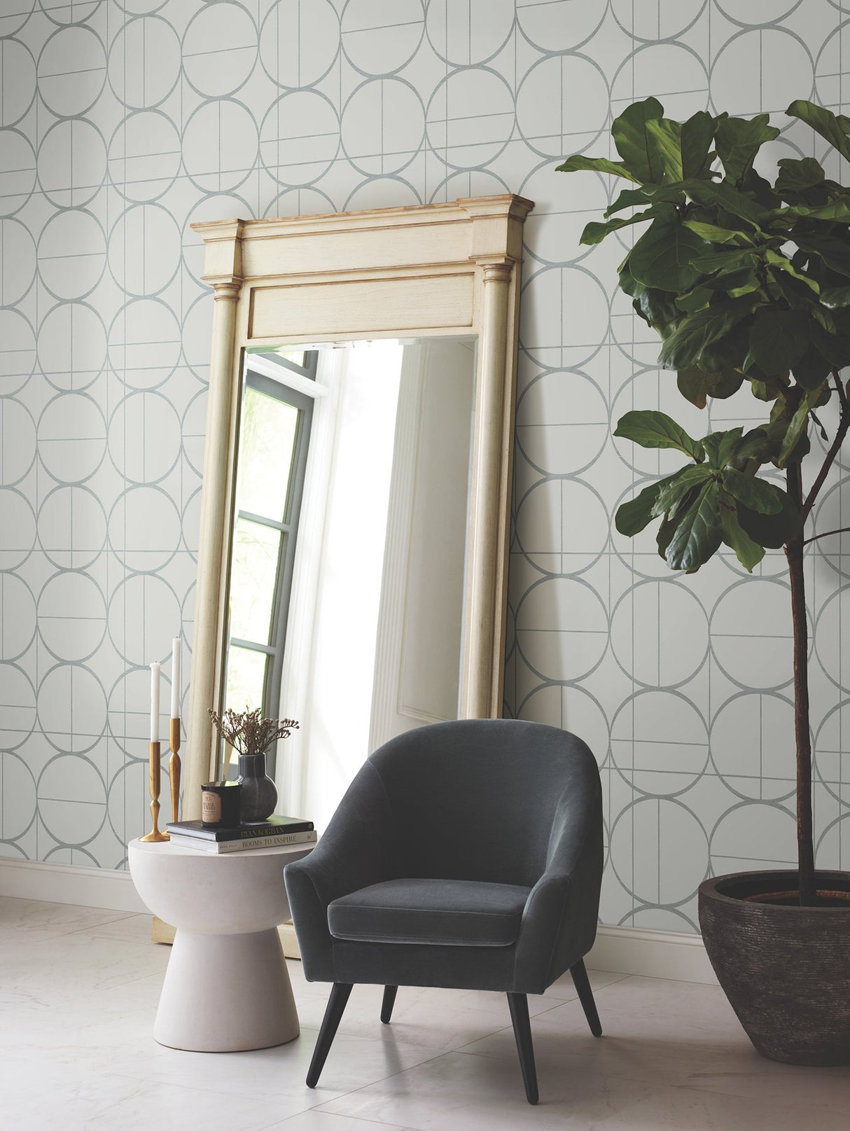 Sun Circles Fog & Silver Geometric Metallic Non Woven Wallpaper - York MD7205