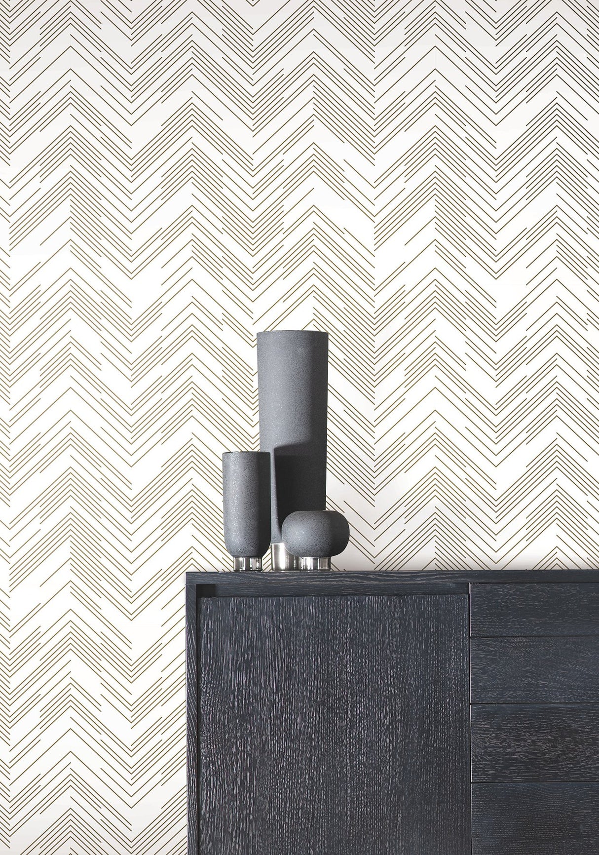 Polished Chevron White & Gold Wallpaper with Metallic Modern Geometric Chevron - York MD7222