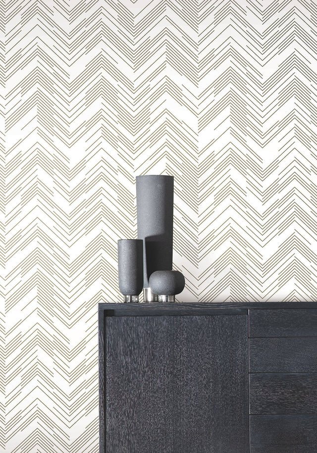 Polished Chevron White & Gold Wallpaper with Metallic Modern Geometric Chevron - York MD7222