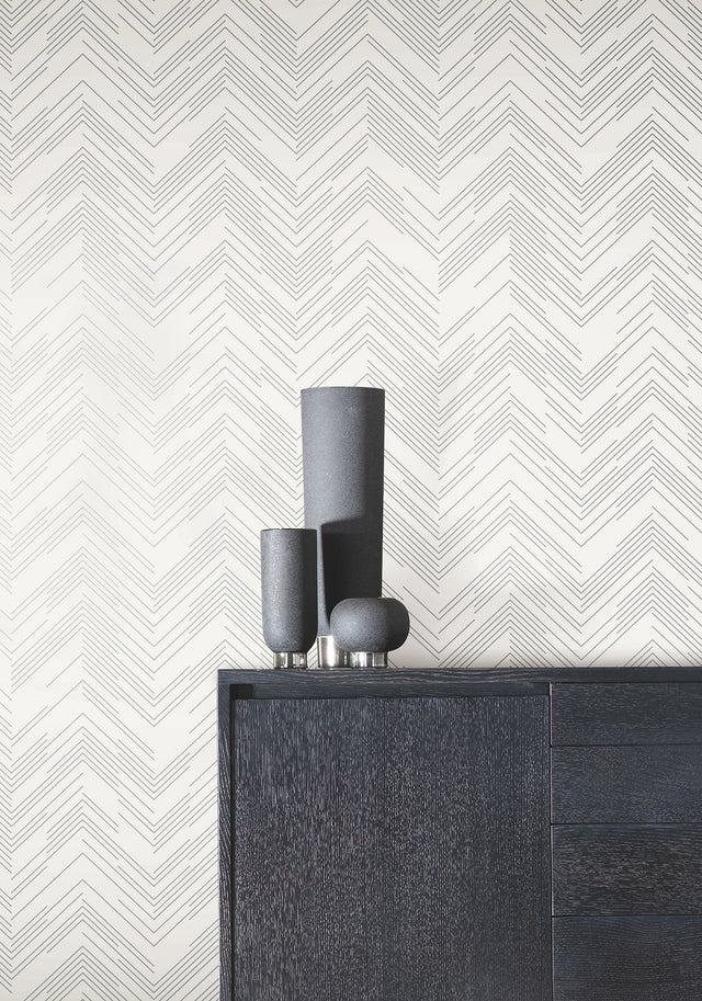 Polished Chevron White & Silver Wallpaper with Metallic Geometric Chevron - York MD7223