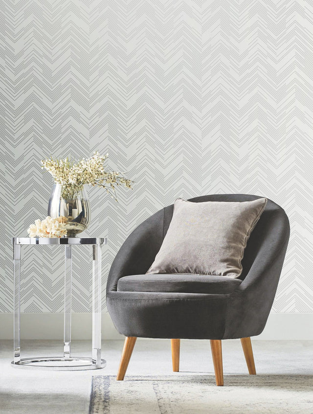 Polished Chevron White & Silver Wallpaper with Metallic Geometric Chevron - York MD7223