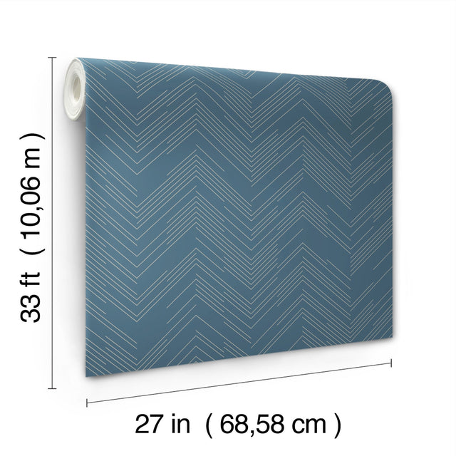 Polished Chevron Blue & Silver Wallpaper with Metallic Geometric Chevron - York MD7224