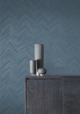 Polished Chevron Blue & Silver Wallpaper with Metallic Geometric Chevron - York MD7224