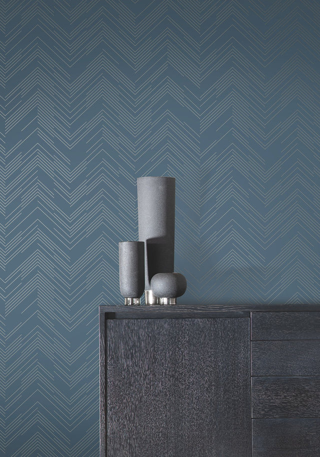 Polished Chevron Blue & Silver Wallpaper with Metallic Geometric Chevron - York MD7224