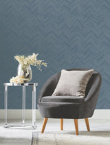 Polished Chevron Blue & Silver Wallpaper with Metallic Geometric Chevron - York MD7224
