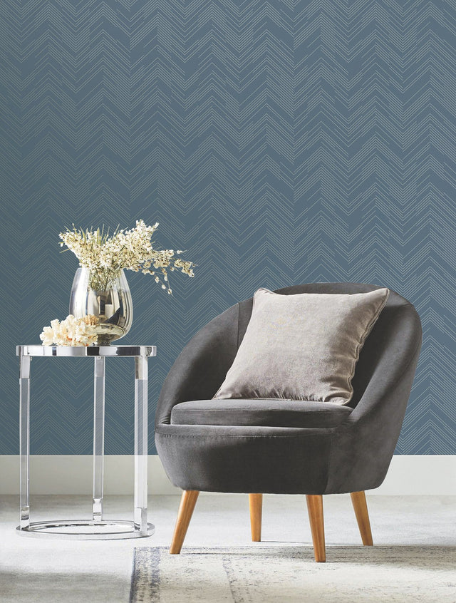 Polished Chevron Blue & Silver Wallpaper with Metallic Geometric Chevron - York MD7224
