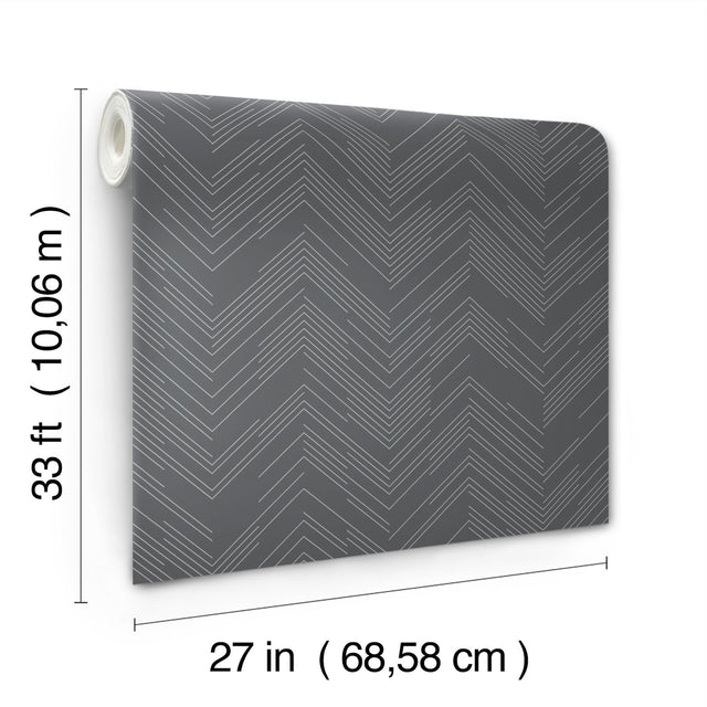 Polished Chevron Charcoal & Silver Wallpaper with Metallic Modern Geometric Chevron - York MD7226