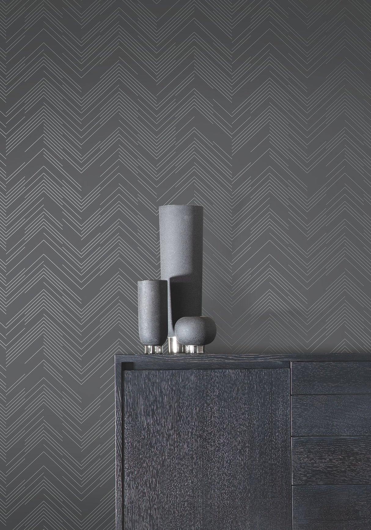 Polished Chevron Charcoal & Silver Wallpaper with Metallic Modern Geometric Chevron - York MD7226