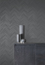 Polished Chevron Charcoal & Silver Wallpaper with Metallic Modern Geometric Chevron - York MD7226