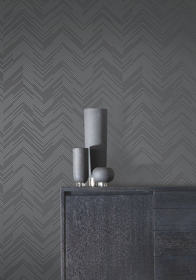 Polished Chevron Charcoal & Silver Wallpaper with Metallic Modern Geometric Chevron - York MD7226