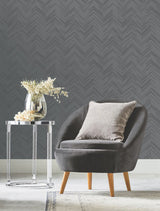 Polished Chevron Charcoal & Silver Wallpaper with Metallic Modern Geometric Chevron - York MD7226
