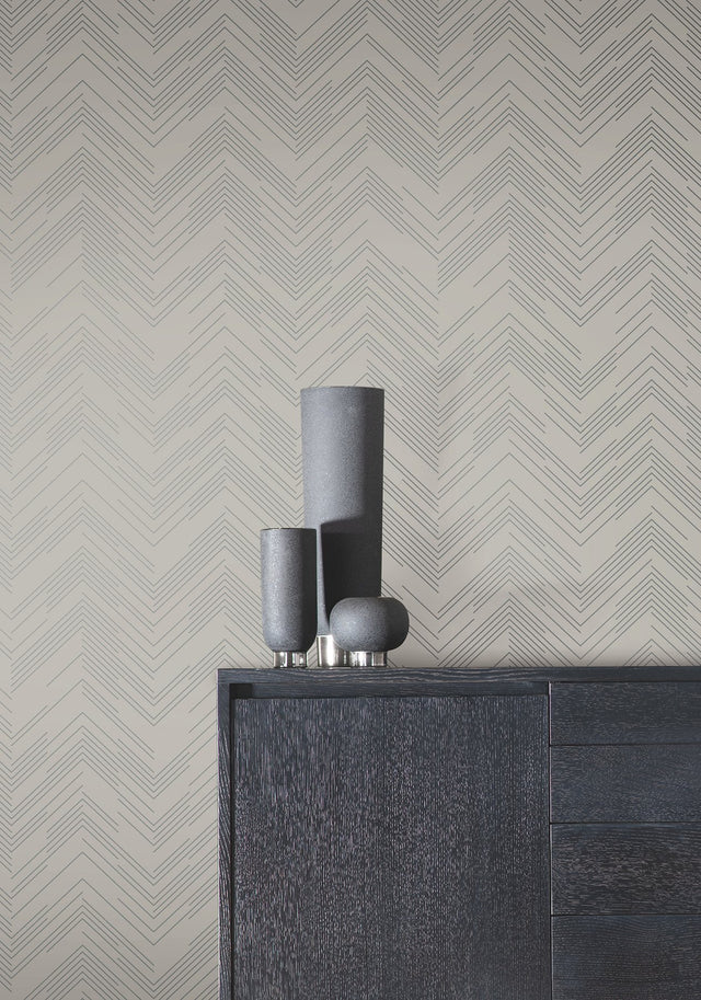 Polished Chevron Taupe & Silver Wallpaper with Metallic Chevron Pattern - York MD7227